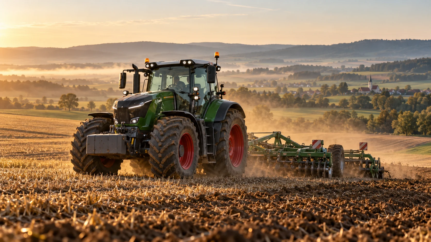 Traktor mit Bodenbearbeitungsgerät auf einem Feld im Morgenlicht