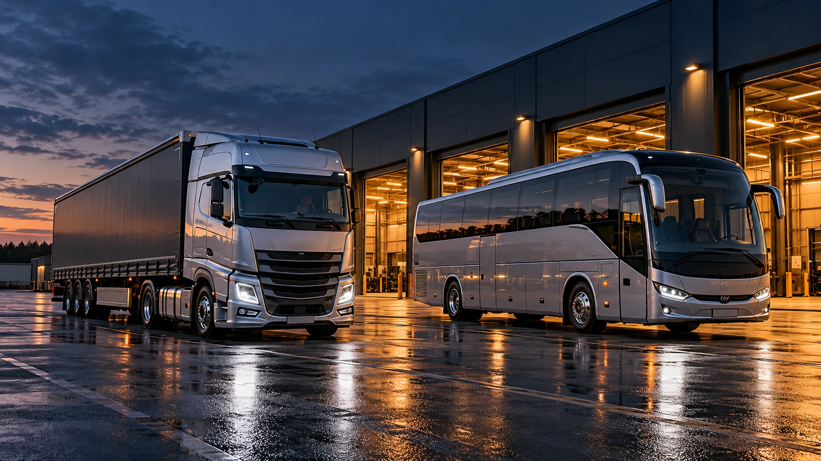 Silberner LKW und Reisebus auf einem Betriebshof bei Abendlicht