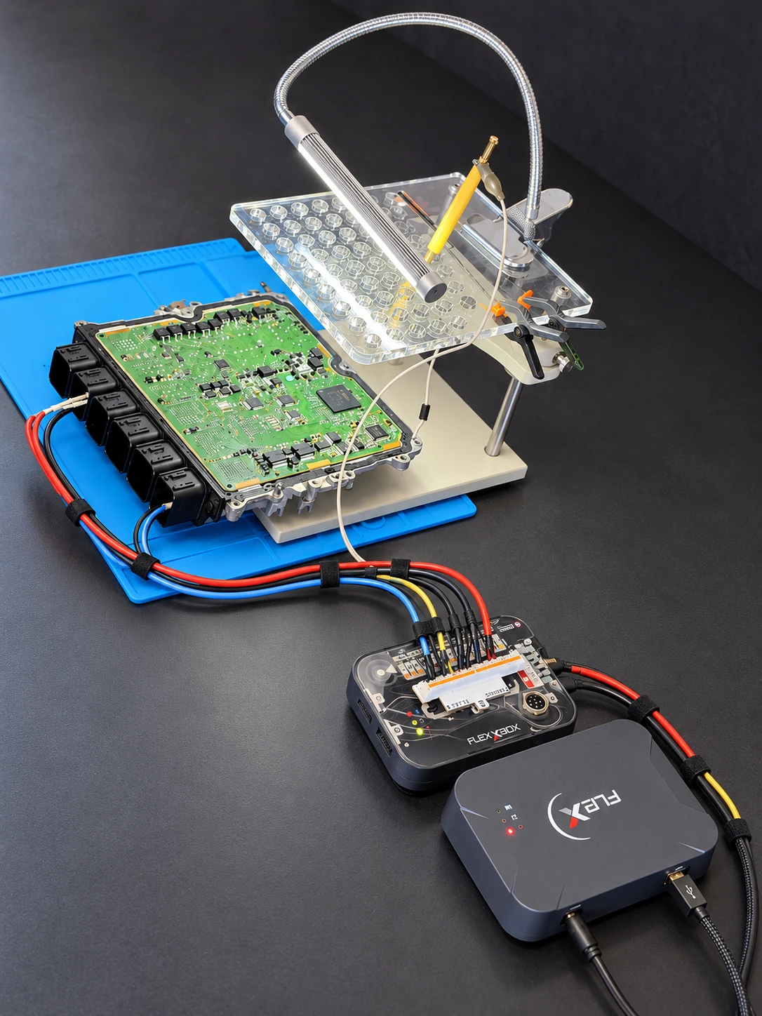 Bearbeiteter ECU-Boot-Arbeitsplatz mit sauber gebündelten Anschlussleitungen