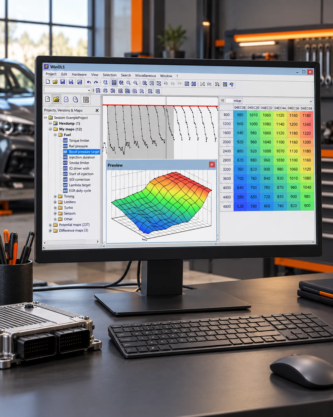 Visualisierter Programmierplatz mit WinOLS-Kennfeldansicht, 3D-Darstellung und Wertetabelle